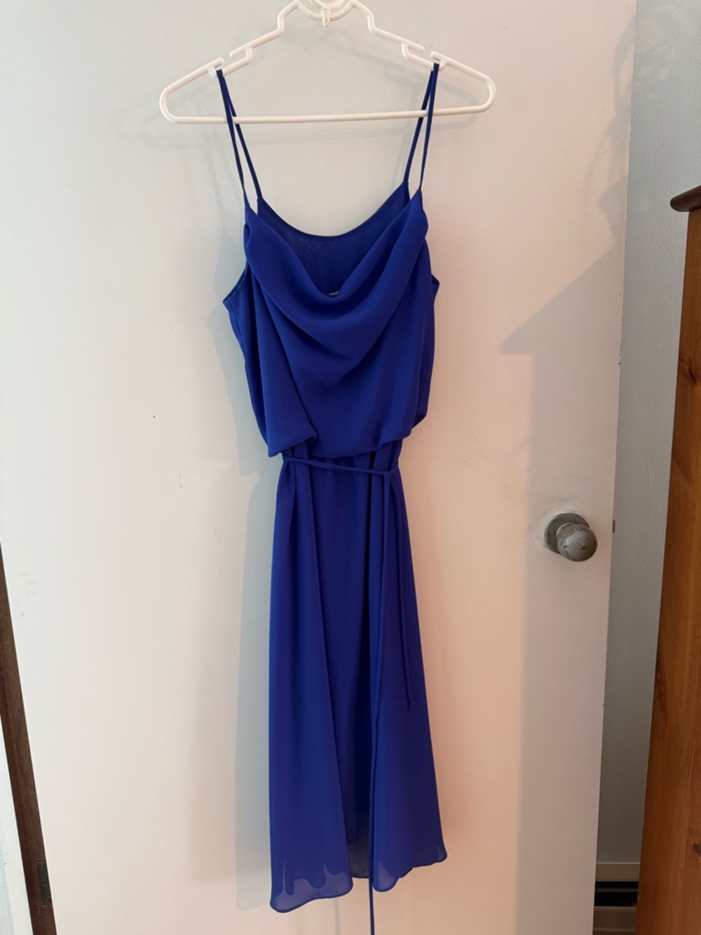 Beautiful flowy Dress Royal Blue Cowl Neck Midi Dress removable belt